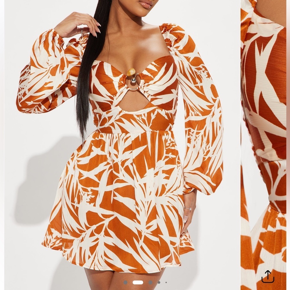 Satin Mini Dress - Rust/Cream - Picture 2 of 5